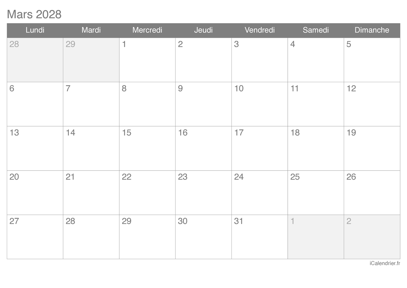 Calendrier de mars 2028