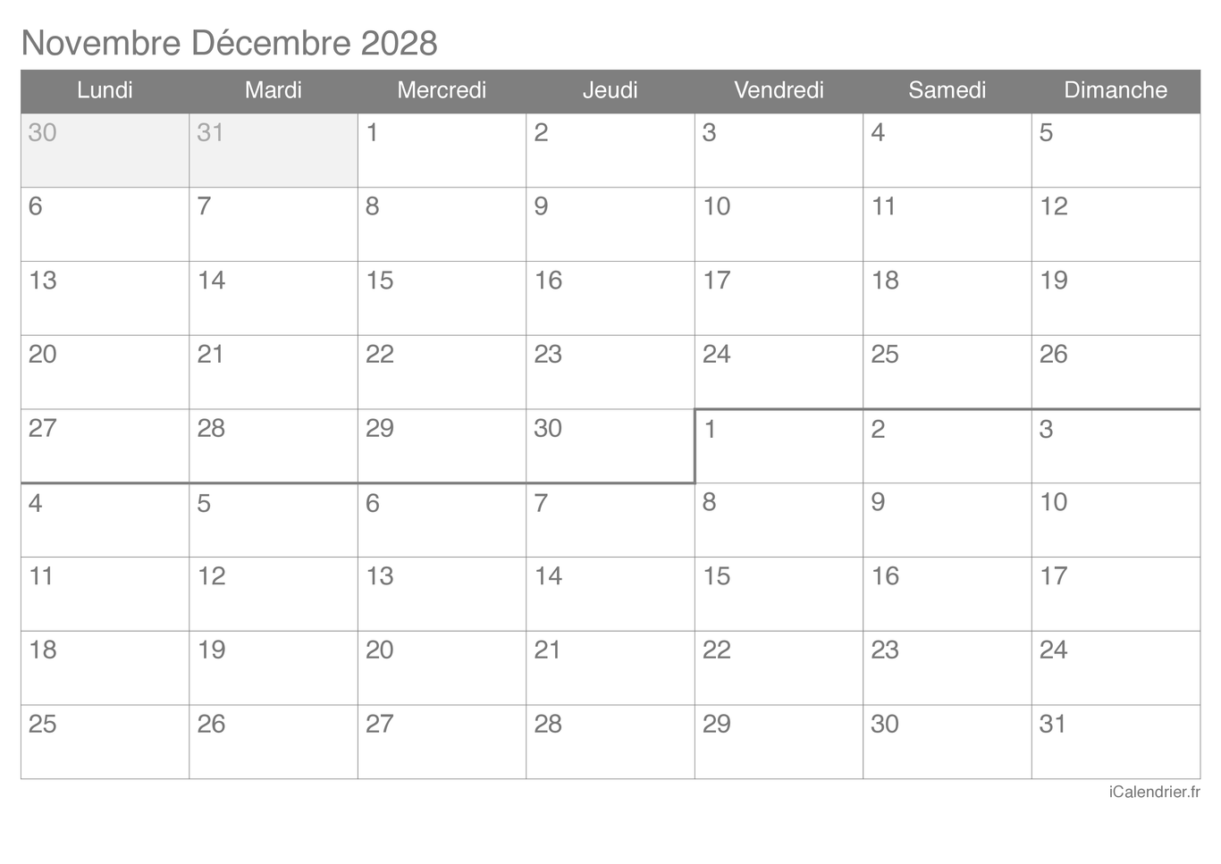 Calendrier de novembre décembre 2028