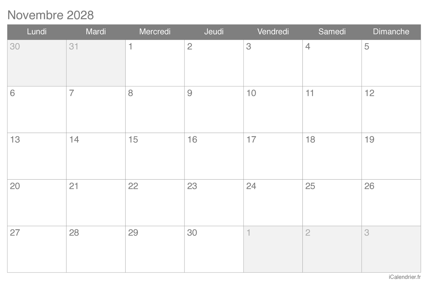 Calendrier de novembre 2028