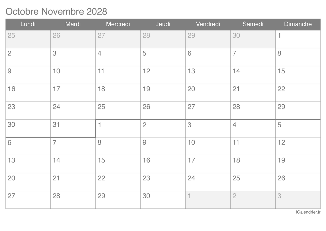 Calendrier d'octobre novembre 2028