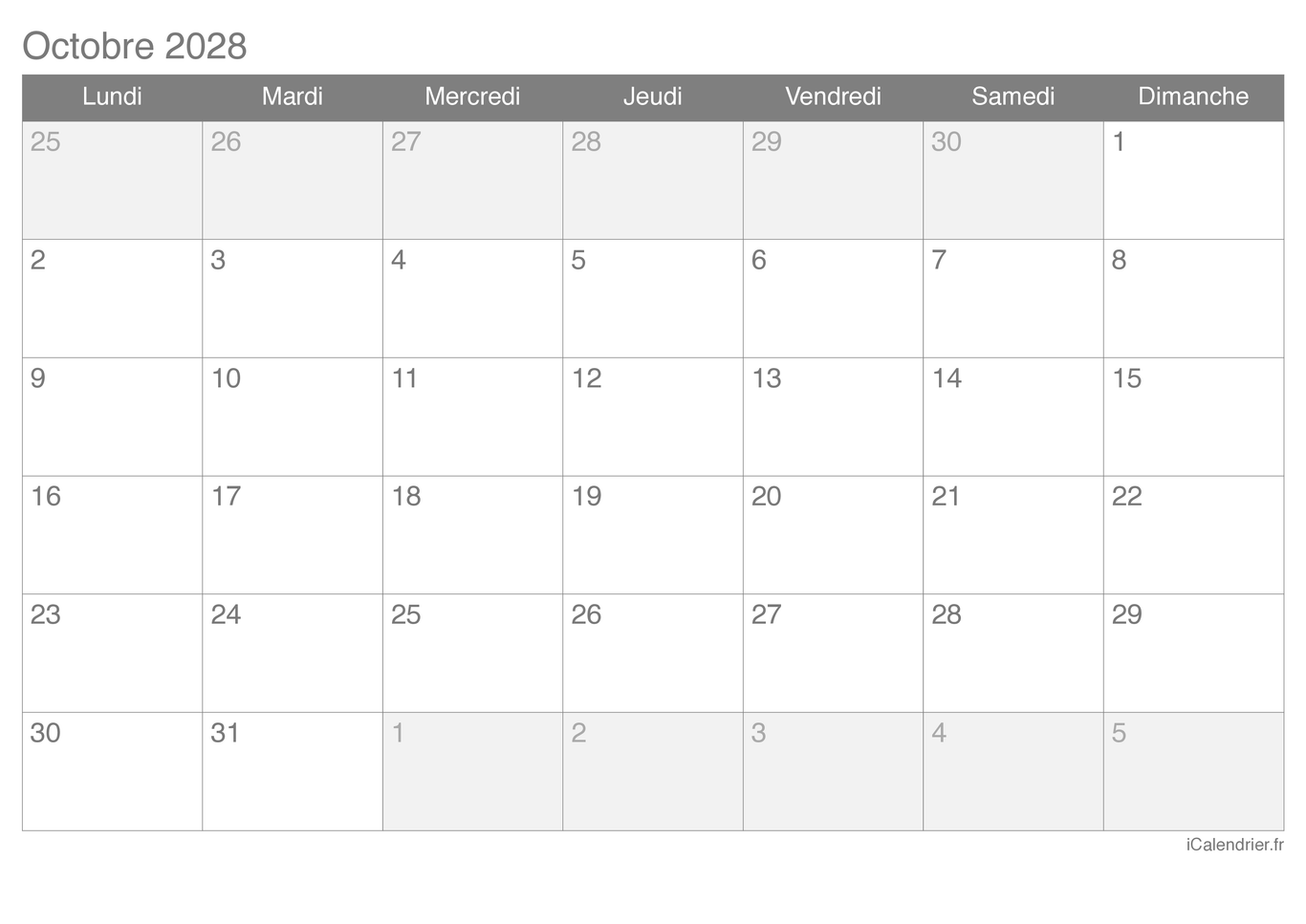 Calendrier d'octobre 2028