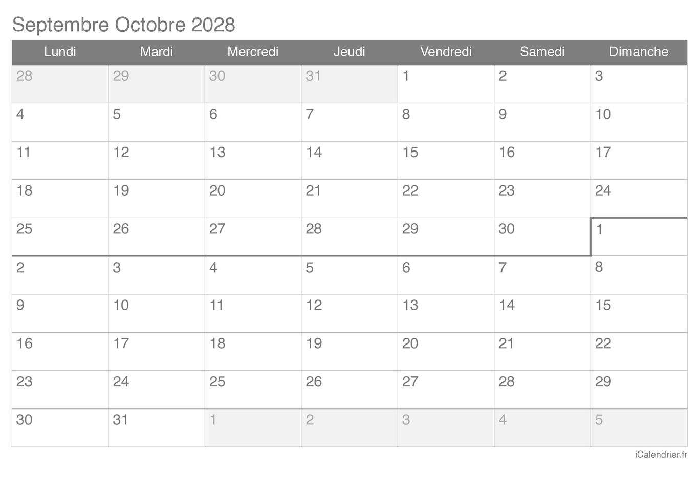 Calendrier de septembre octobre 2028