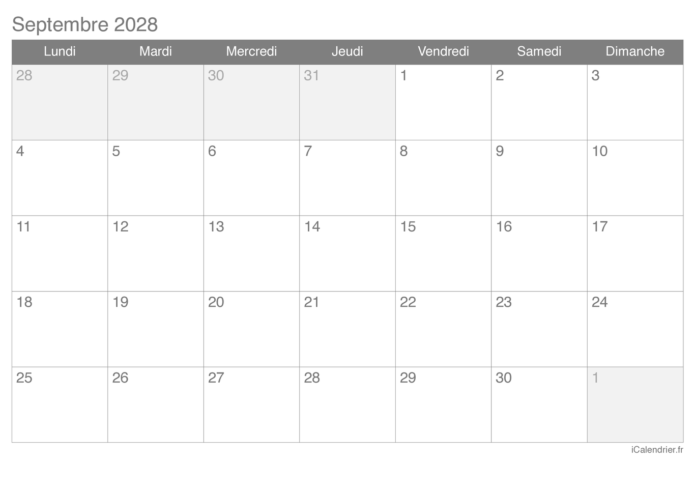 Calendrier de septembre 2028
