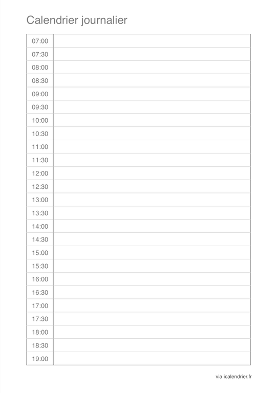 Calendrier portait de 7 à 19H par demi-heures 2020