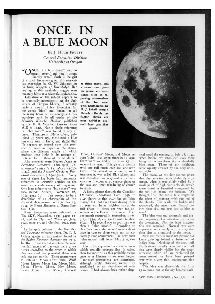 Article « Once in a blue Moon » de James Hugh Pruett (Sky & Telescope, 1946).
