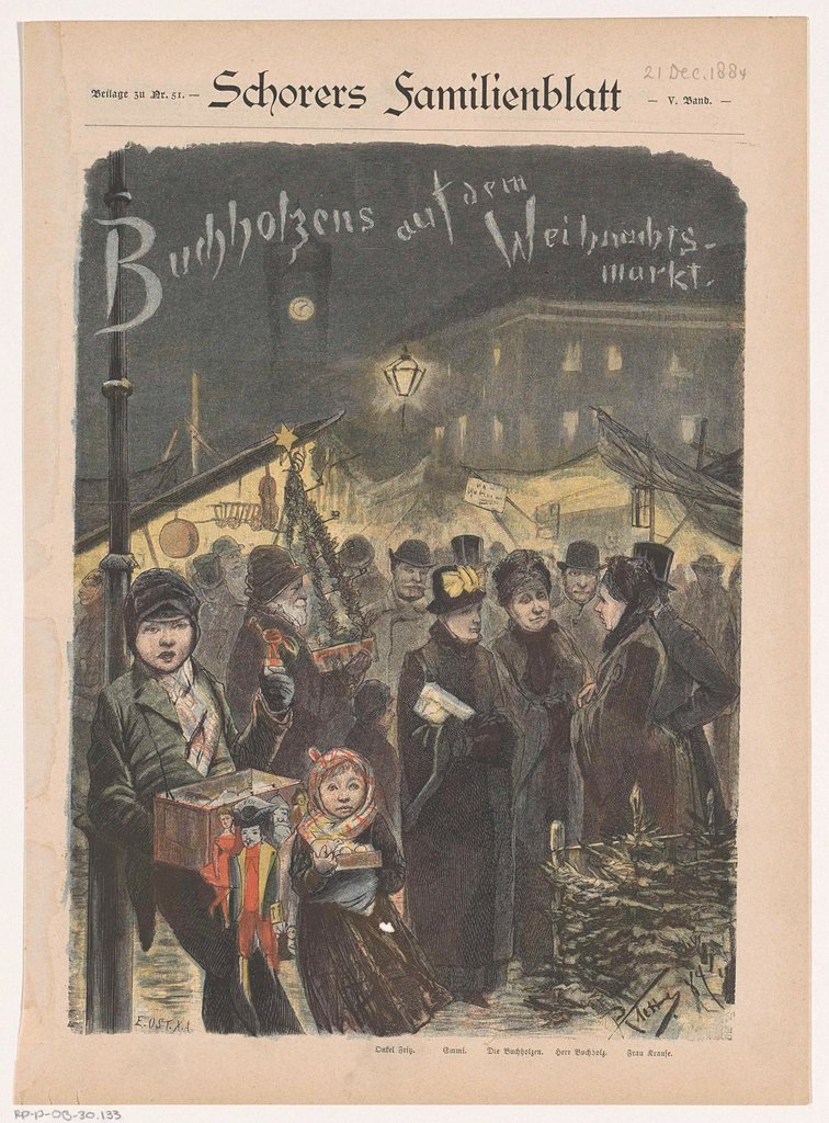 Illustration de la famille Buchholz (issue du roman de Julius Stinde) au marché de Noël dans le Berlin de la fin du XIXe siècle. Au premier plan, deux enfants vendent des jouets près d'un lampadaire.