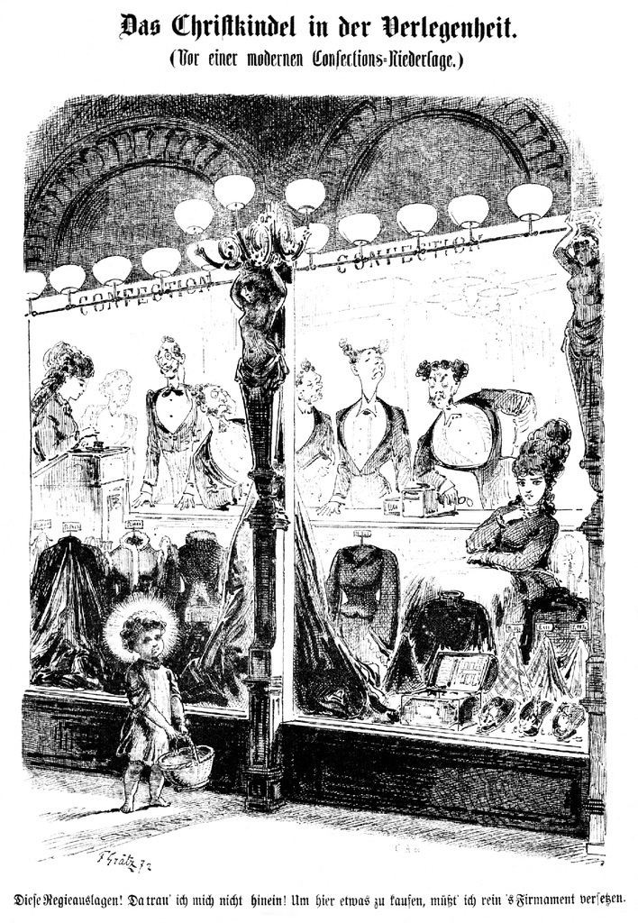 Caricature de Friedrich Grätz (de 1872) représentant le Christkindel dans l'embarras face aux devantures des grands magasins.