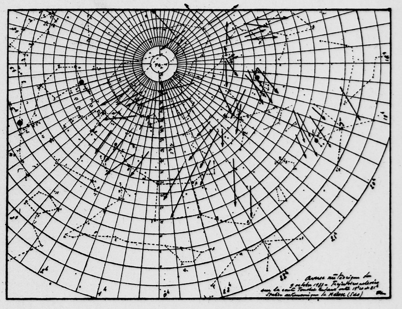 Carte montrant les trajectoires d'étoiles filantes observées par M. et Mme F. Le Coultre de 19h20 à 21 heures, le 9 octobre 1933 à Maisse (Seine-et-Oise).