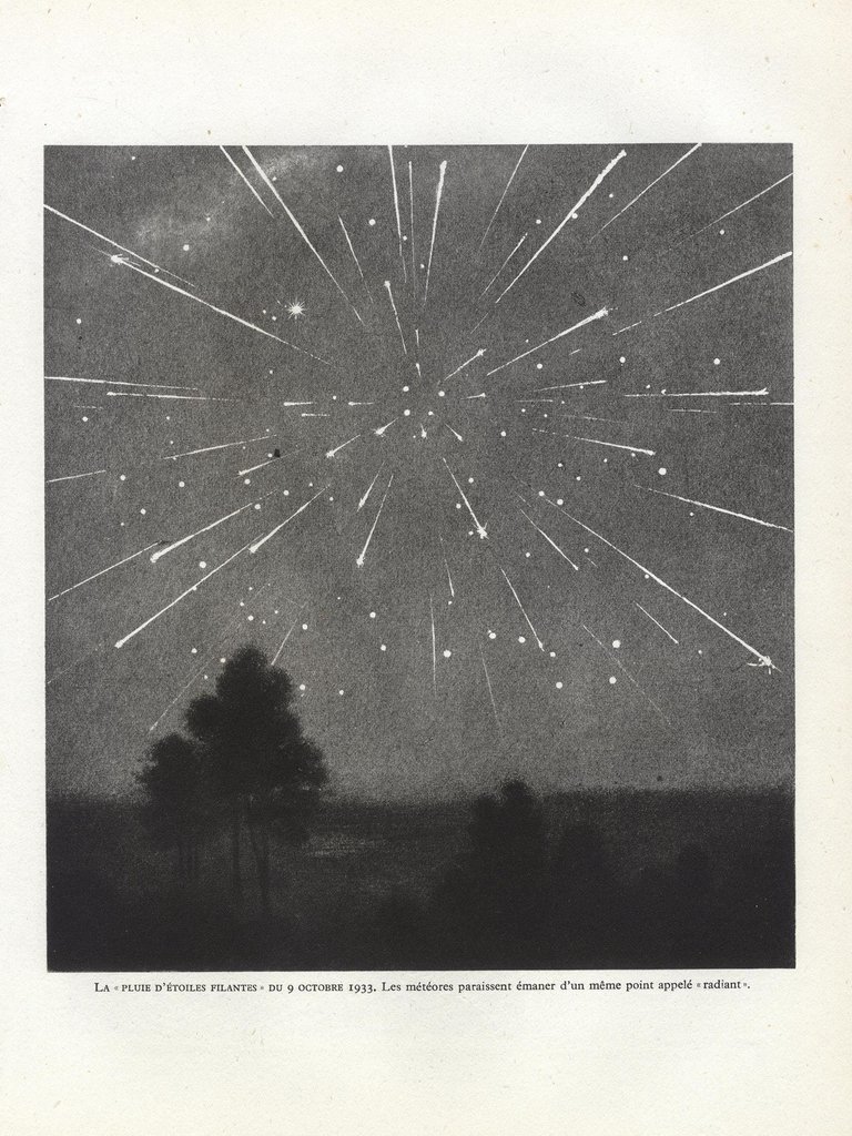 Gravure astronomique ancienne représentant la pluie d'étoiles filantes du 9 octobre 1933.