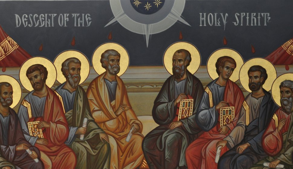 Détail d'une illustration de la Pentecôte orthodoxe, fresque de l'église grecque orthodoxe Saint Paul, Irvine, USA