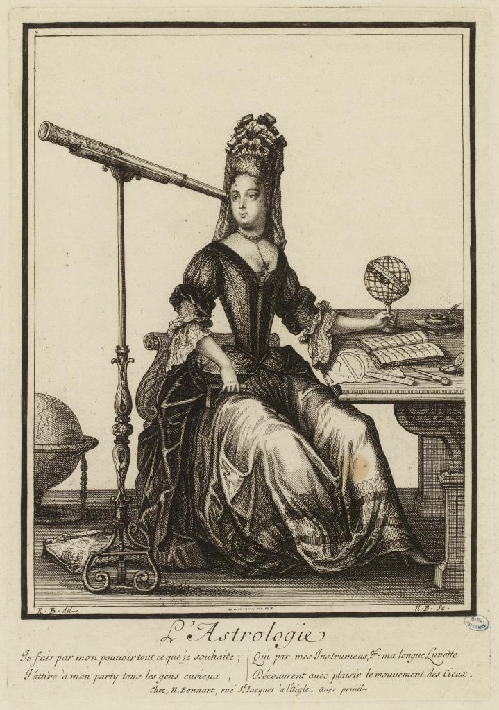 Allégorie de l'astrologie par Nicolas Bonnart (XVII-XVIIIe siècle). La légende précise : "Je fais par mon pouvoir tout ce que je souhaite ; J'attire à mon parti tous les gens curieux, qui par mes instruments et ma longue lunette découvrent avec plaisir le mouvement des Cieux."