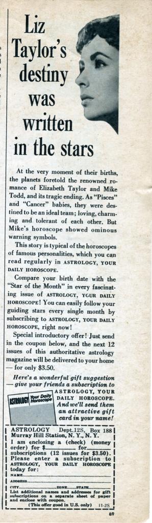 Publicité de 1958 pour "Astrology, your daily horoscope".