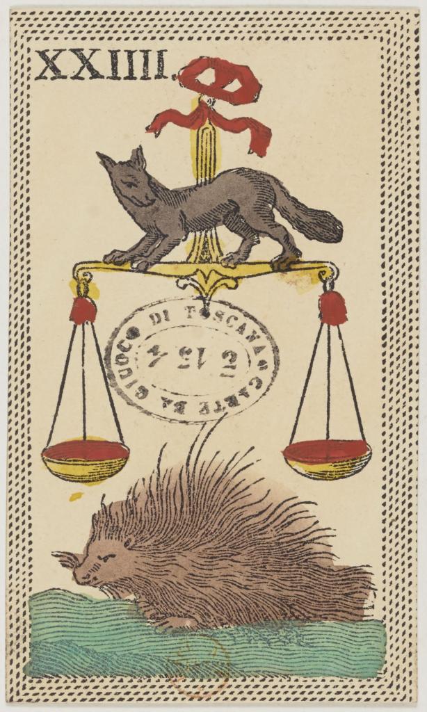 Le signe de la Balance dans un jeu de cartes florentin (minchiate) du XIXe siècle.