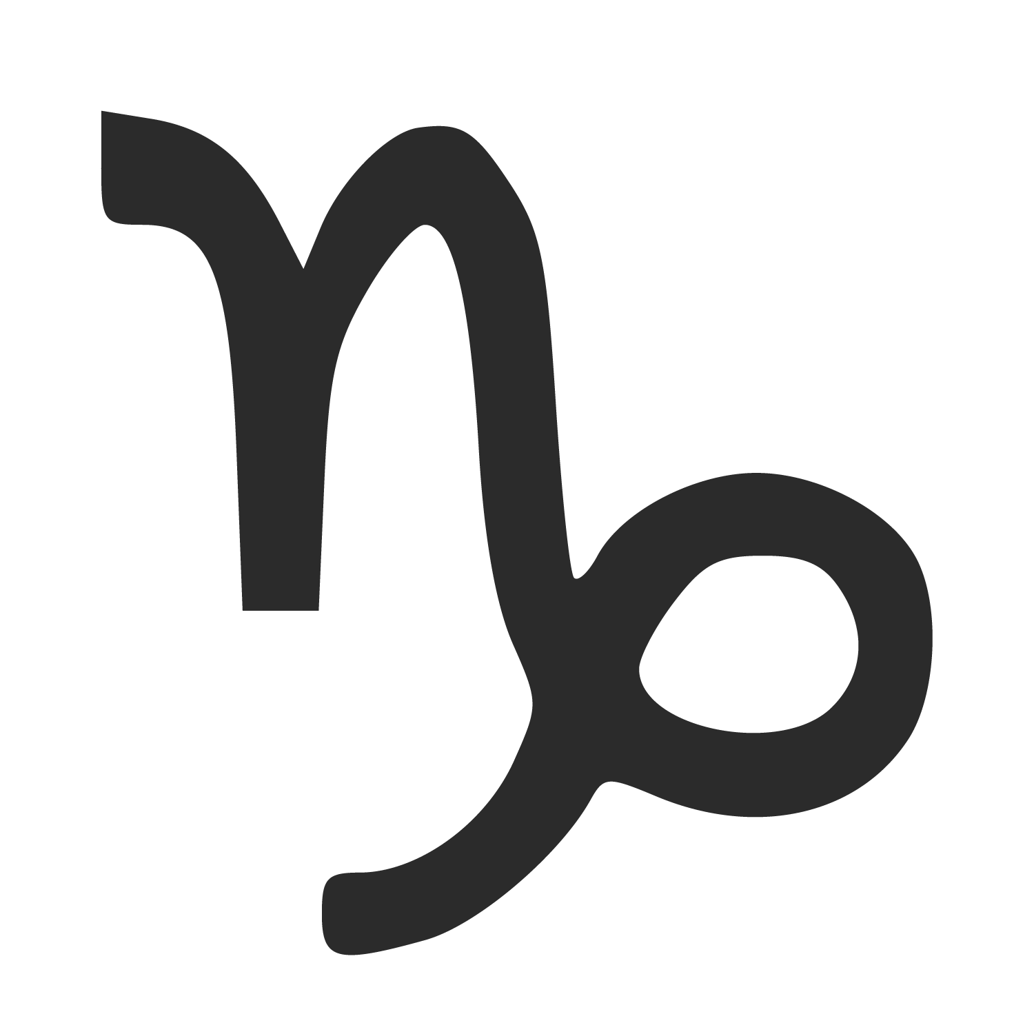 Le symbole du Capricorne représente un "n" dont la deuxième jambe se poursuit en une boucle. Le tracé dessine la silhouette de la créature aux pattes avant terrestres et à la queue de poisson.