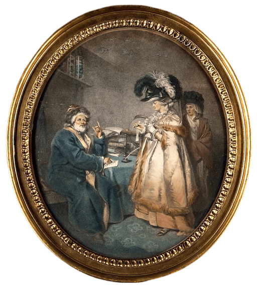 Un homme dévoile son horoscope à une femme (gravure de J.P. Simon, 1786).