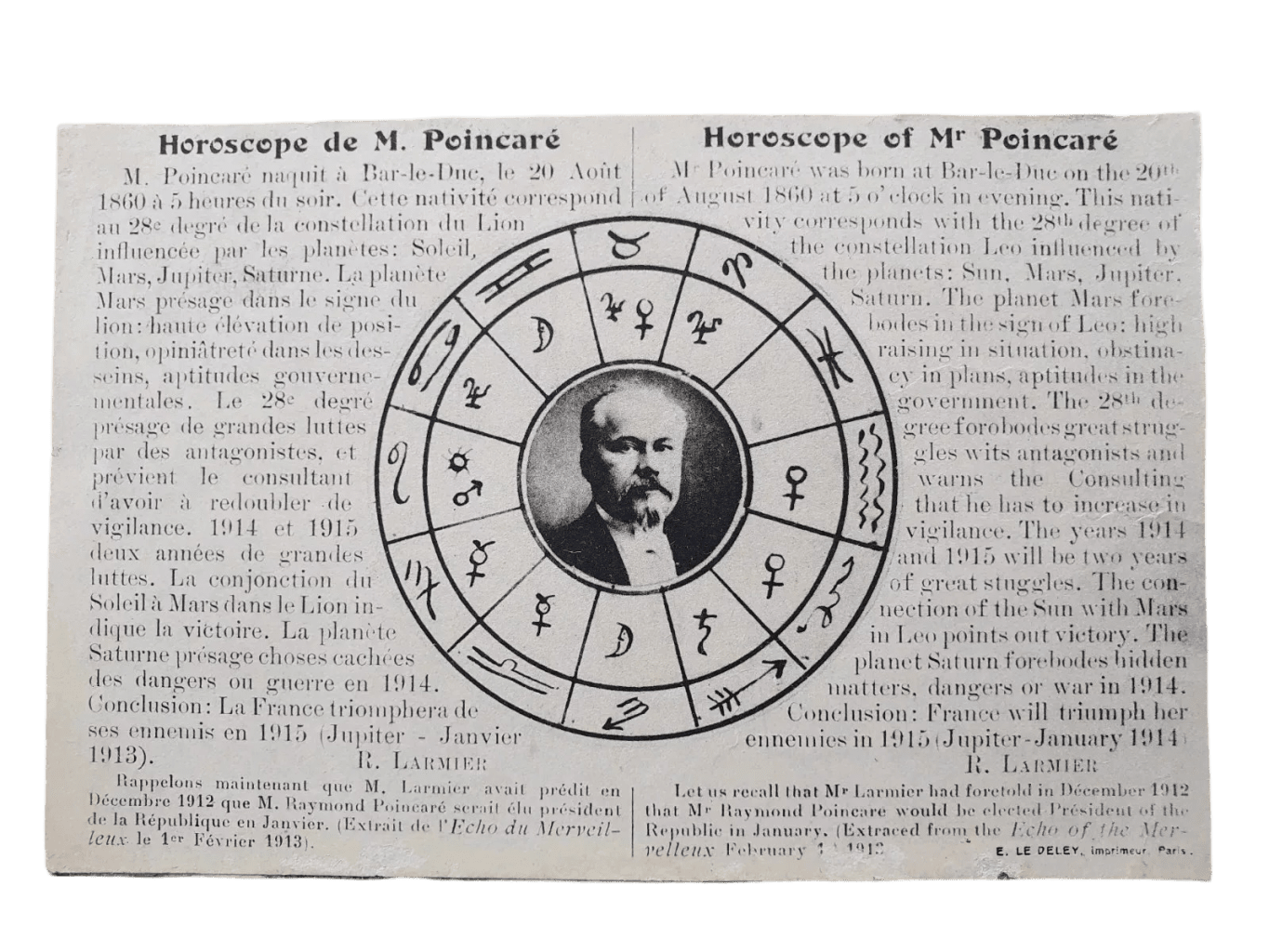 Horoscope de Raymond Poincaré établi par Larmier en 1914. Il annonce que la France triomphera de ses ennemis en 1915.