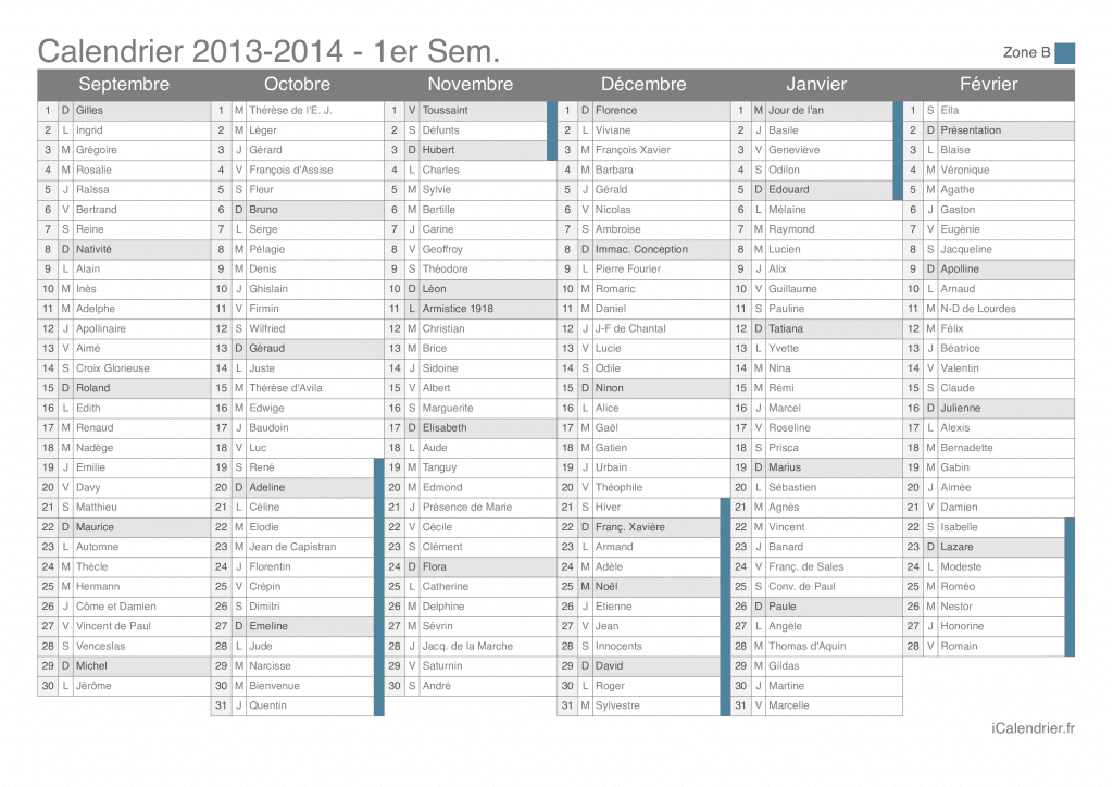 Calendrier des vacances scolaires 2013-2014 par semestre, zone B, avec fête du jour