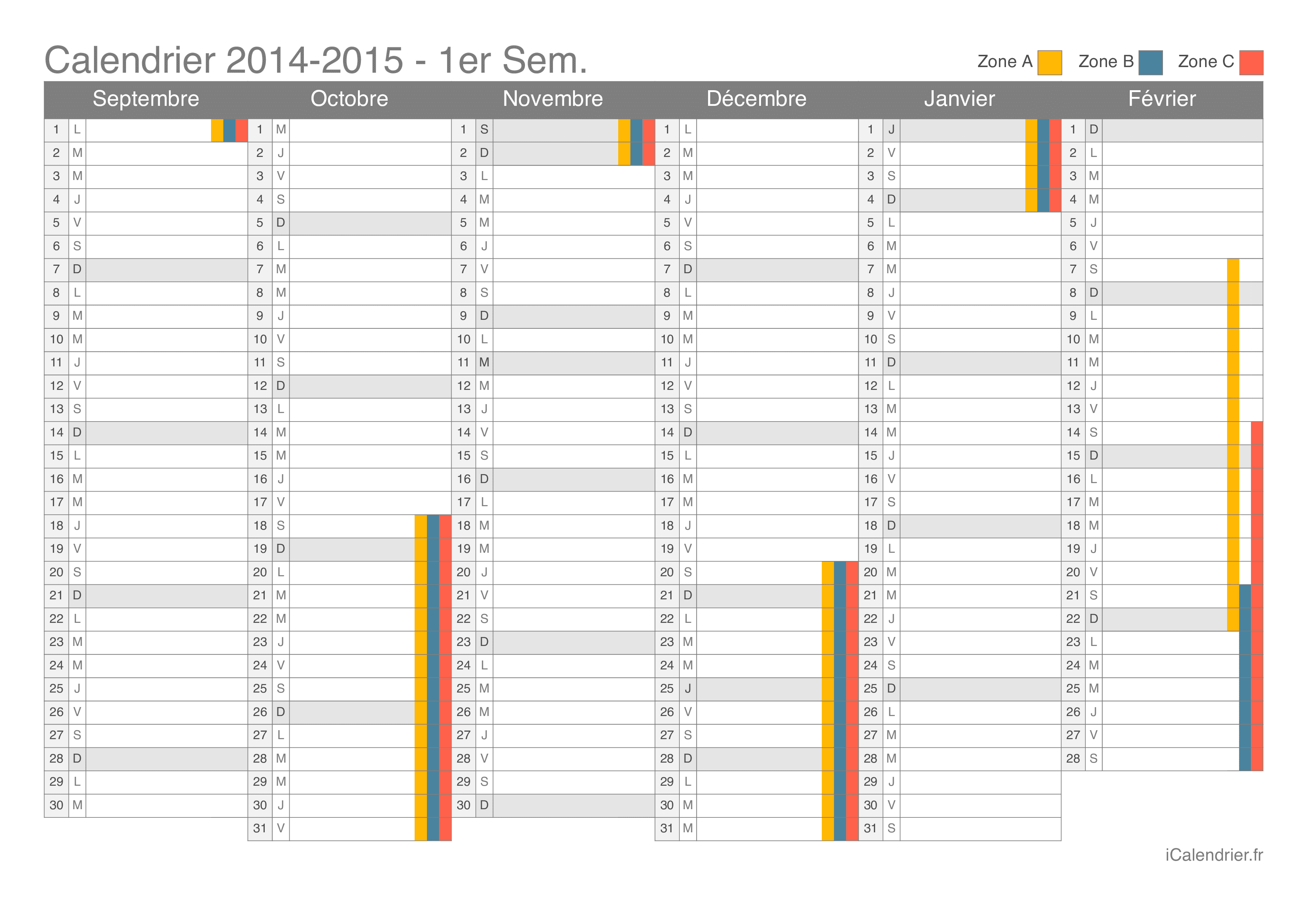 Calendrier des vacances scolaires 2014-2015 par semestre