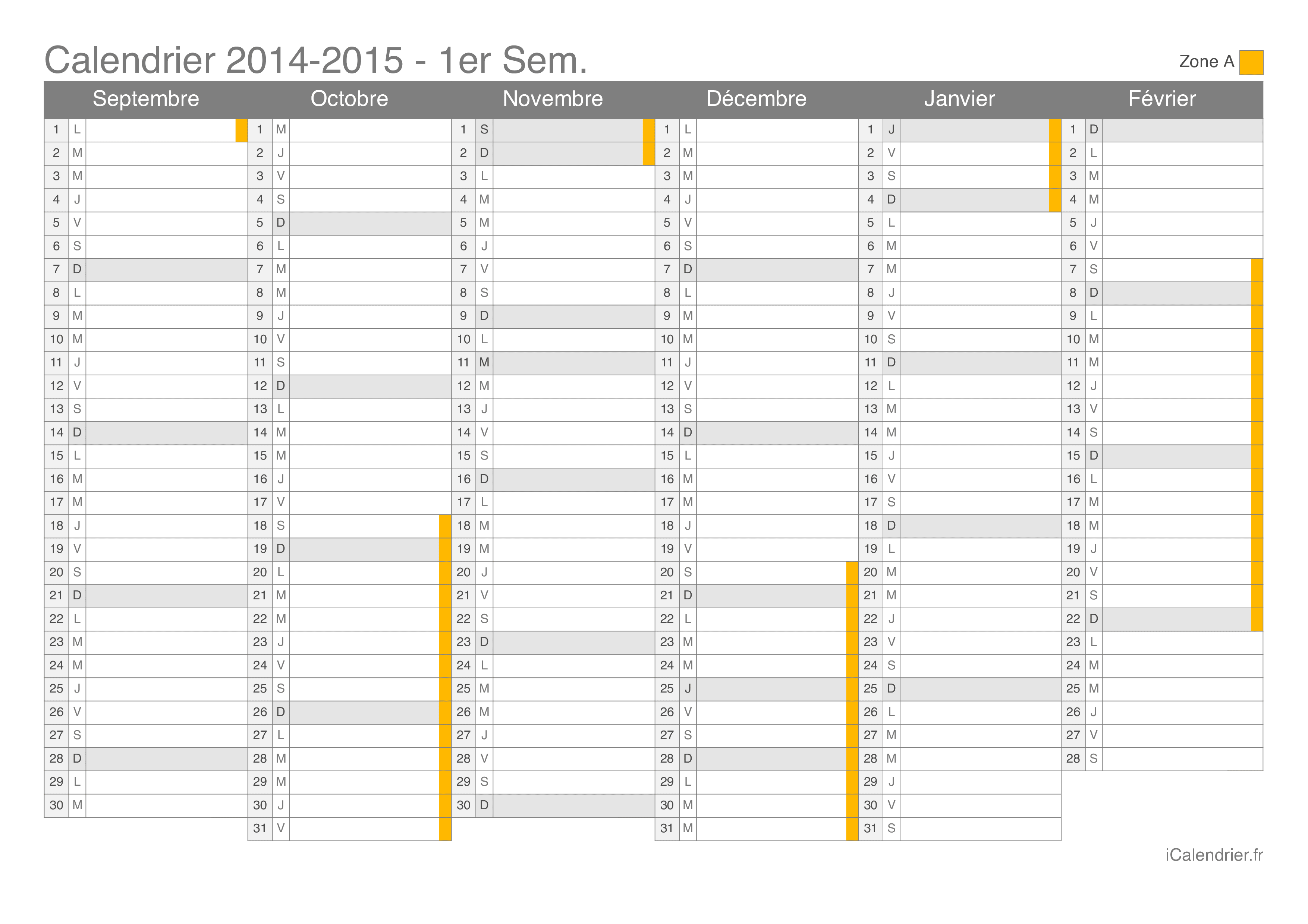 Calendrier des vacances scolaires 2014-2015 par semestre de la zone A