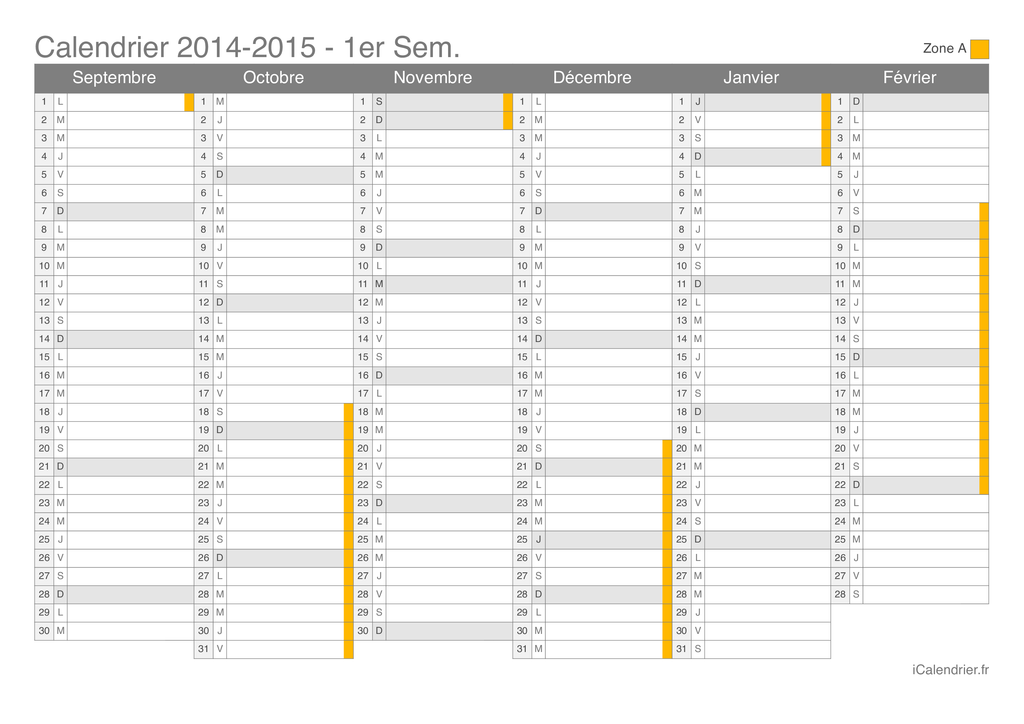 Calendrier des vacances scolaires 2014-2015 par semestre de la zone A