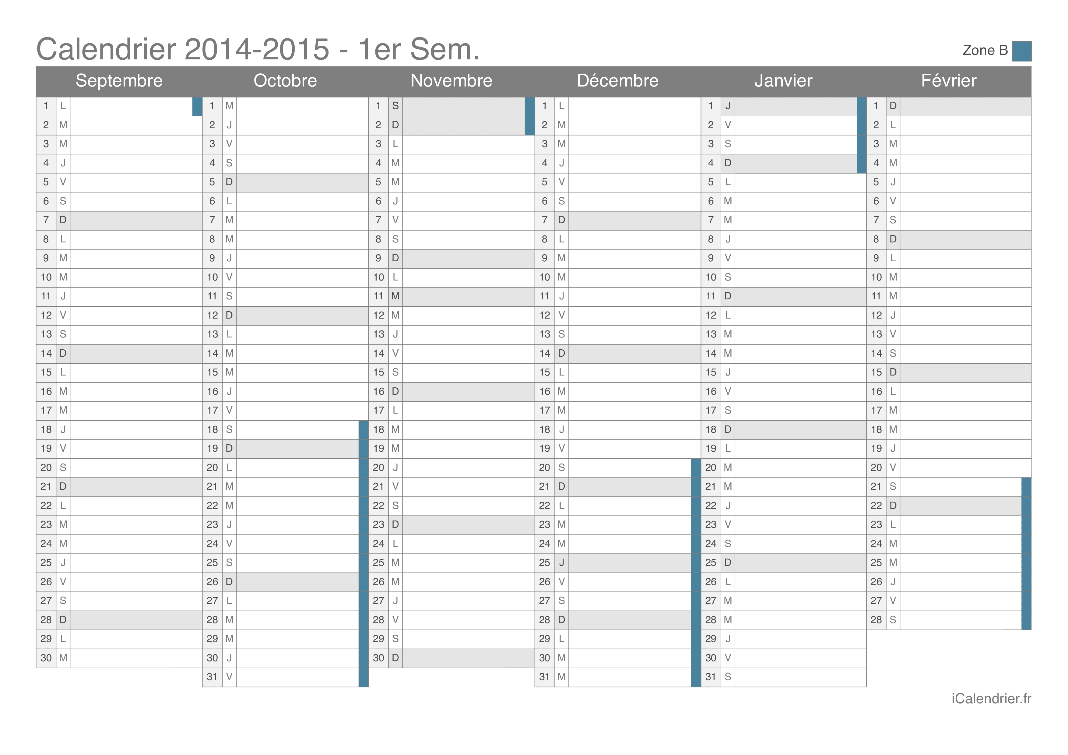 Calendrier des vacances scolaires 2014-2015 par semestre de la zone B