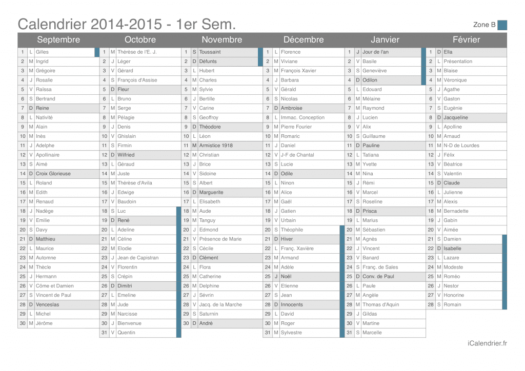 Calendrier des vacances scolaires 2014-2015 par semestre, zone B, avec fête du jour