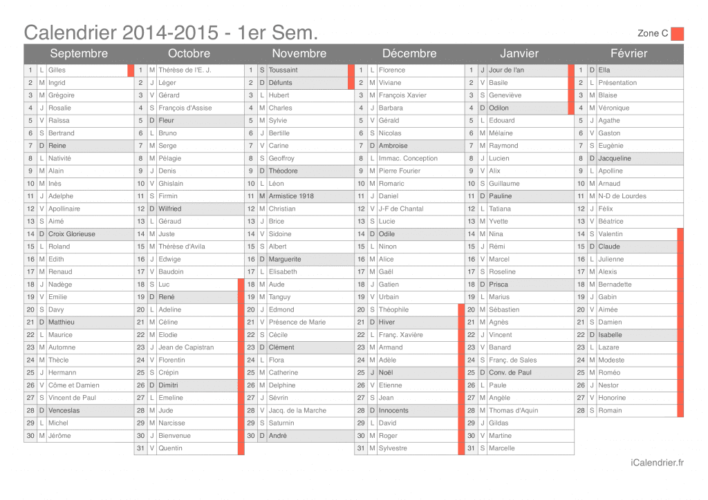Calendrier des vacances scolaires 2014-2015 par semestre, zone C, avec fête du jour