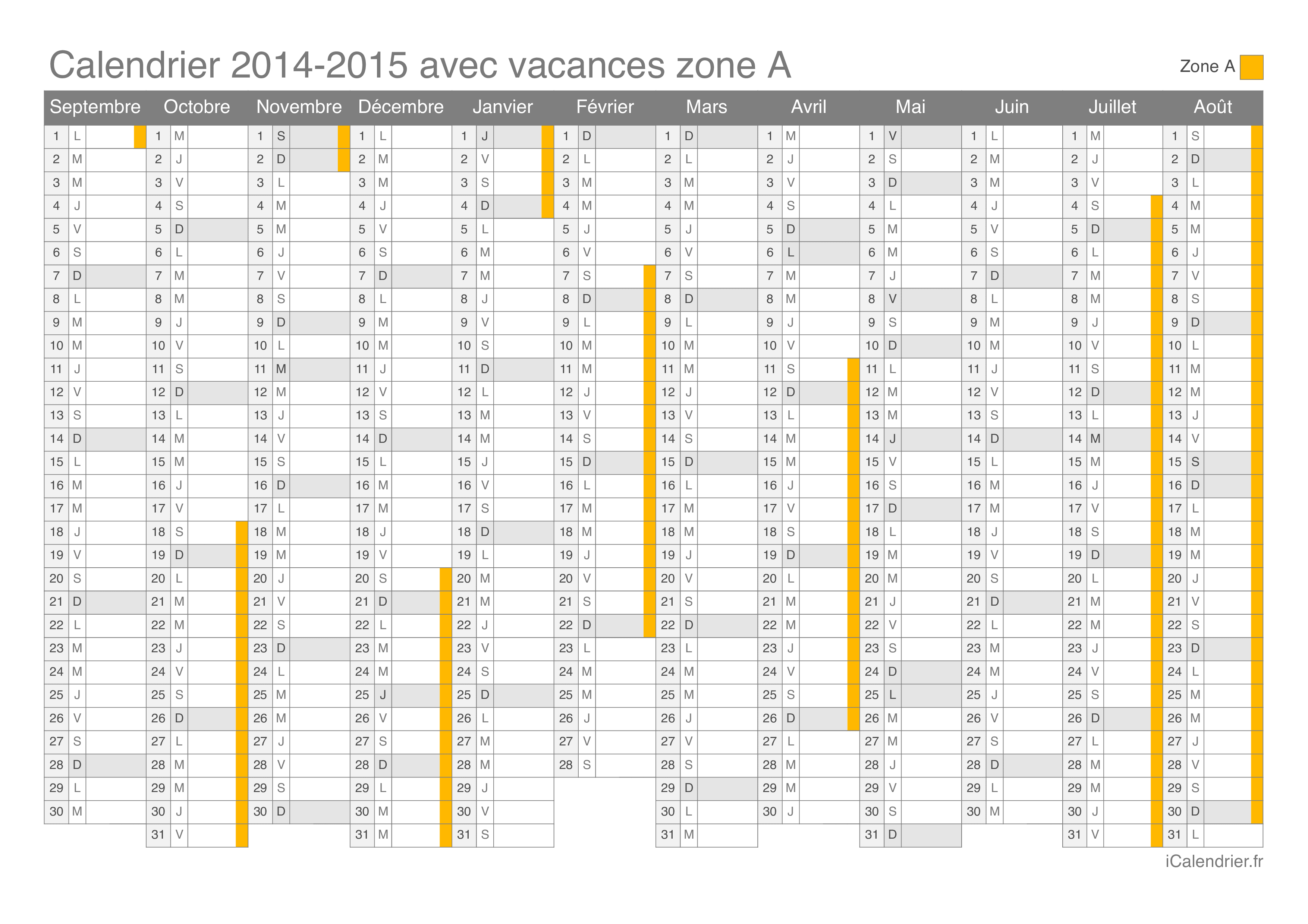 Calendrier des vacances scolaires 2014-2015 de la zone A