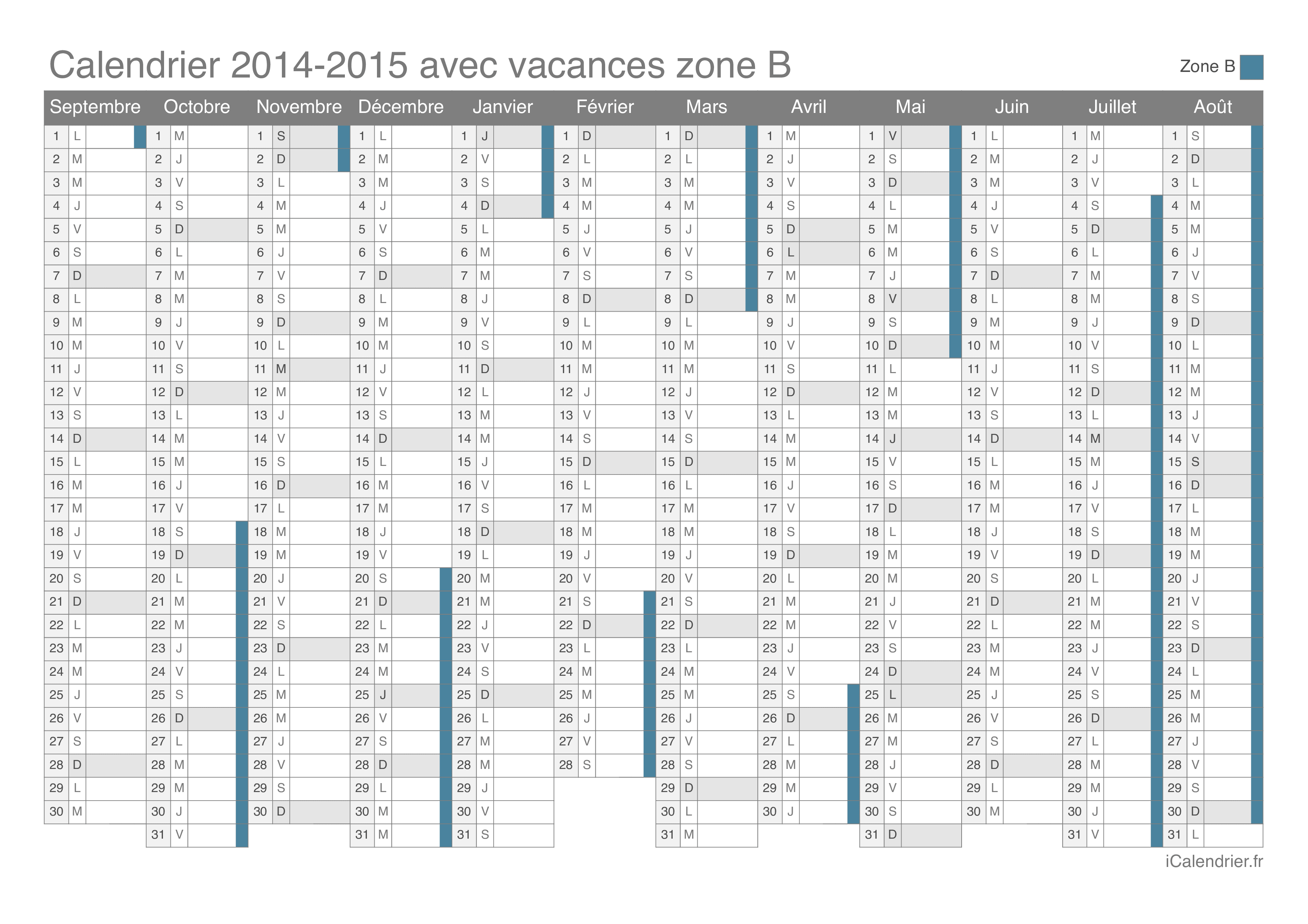Calendrier des vacances scolaires 2014-2015 de la zone B