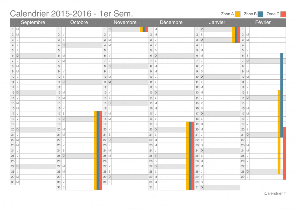 Calendrier des vacances scolaires 2015-2016 par semestre