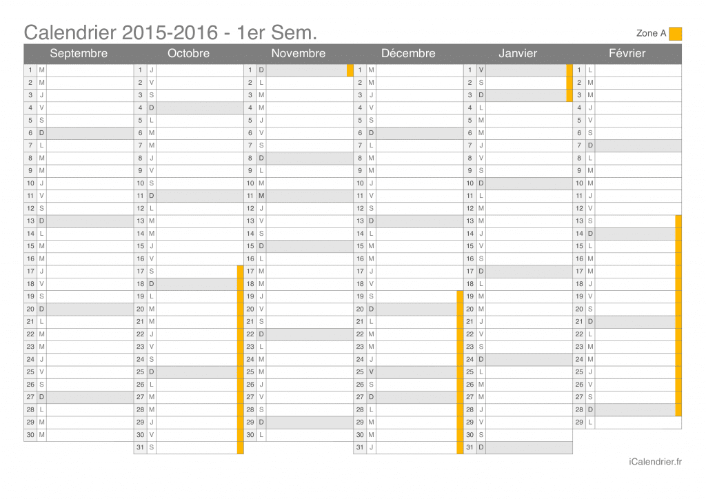 Calendrier des vacances scolaires 2015-2016 par semestre de la zone A