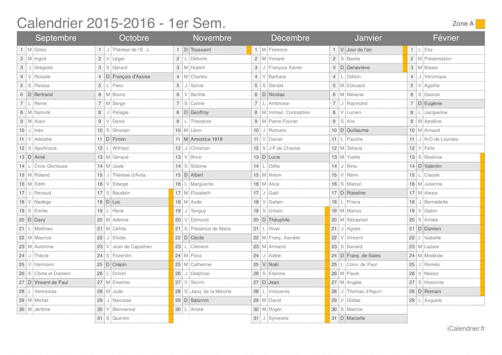 Calendrier des vacances scolaires 2015-2016 par semestre, zone A, avec fête du jour