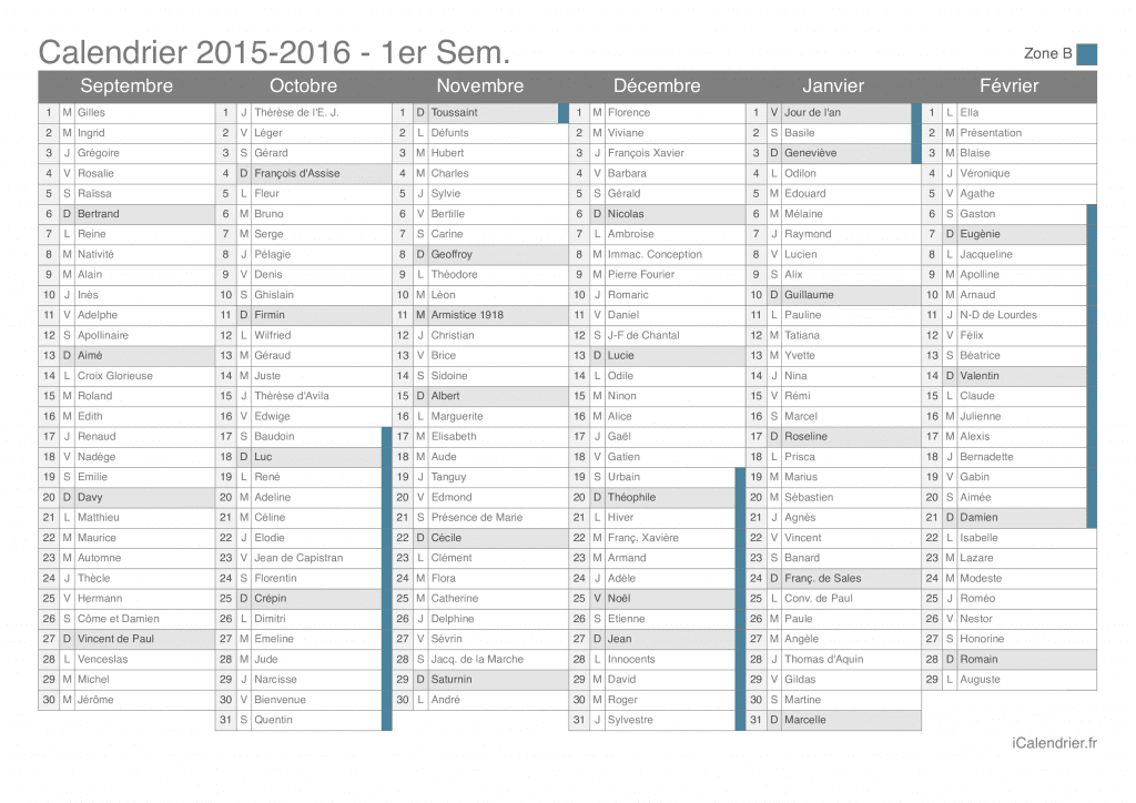 Calendrier des vacances scolaires 2015-2016 par semestre, zone B, avec fête du jour