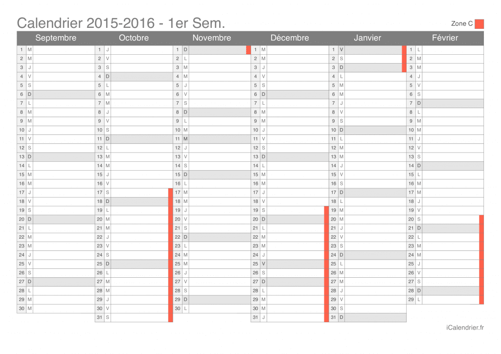 Calendrier des vacances scolaires 2015-2016 par semestre de la zone C