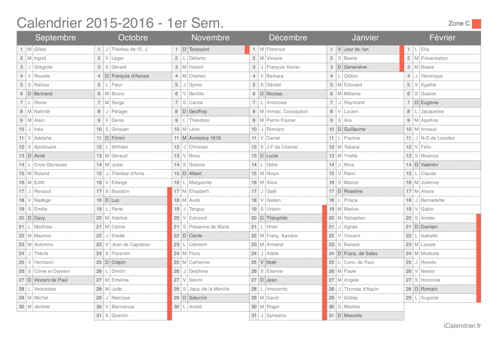 Calendrier des vacances scolaires 2015-2016 par semestre, zone C, avec fête du jour