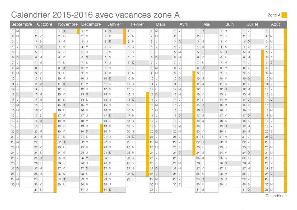 Calendrier des vacances scolaires 2015-2016 de la zone A