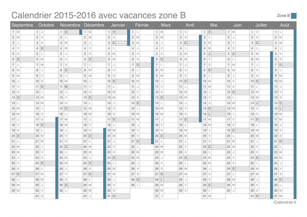Calendrier des vacances scolaires 2015-2016 de la zone B