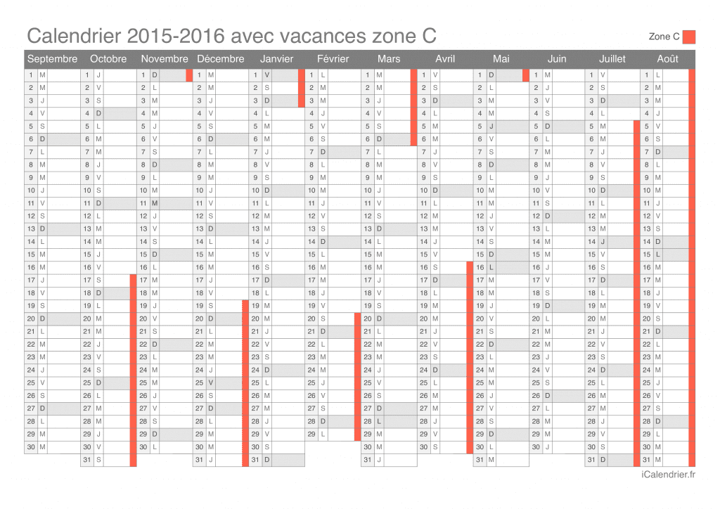 Calendrier des vacances scolaires 2015-2016 de la zone C