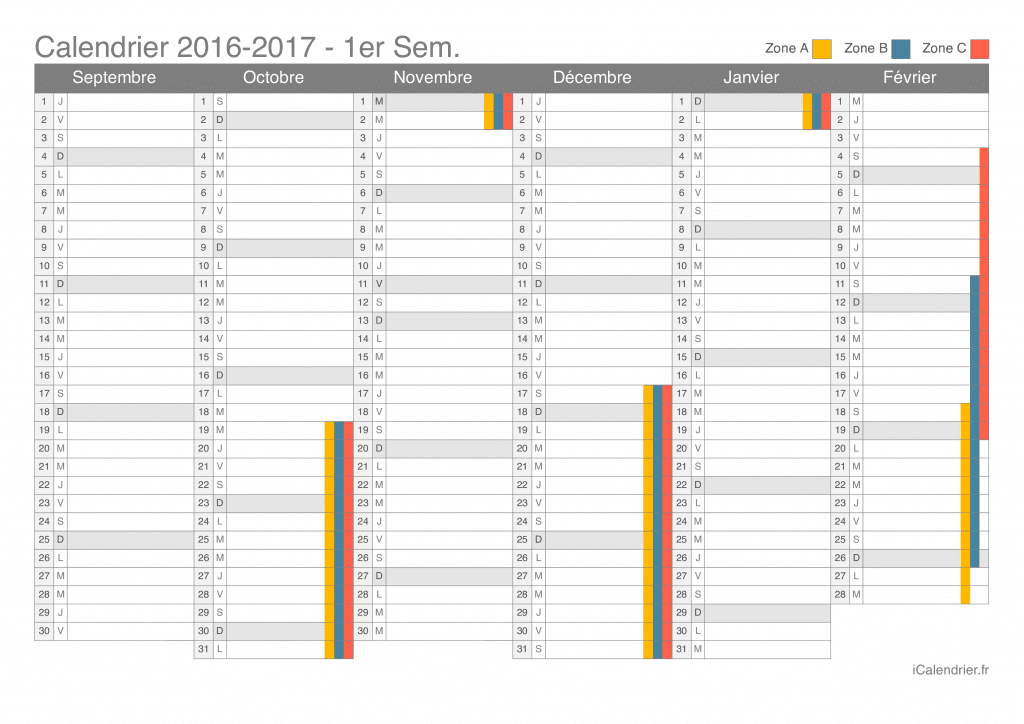 Calendrier des vacances scolaires 2016-2017 par semestre