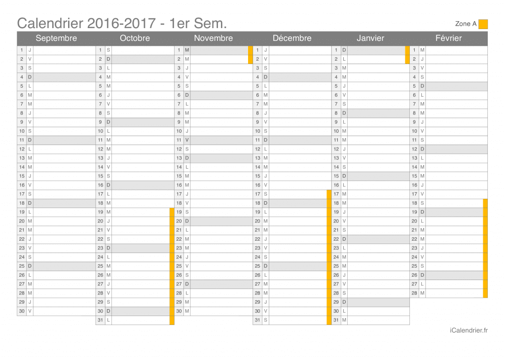 Calendrier des vacances scolaires 2016-2017 par semestre de la zone A