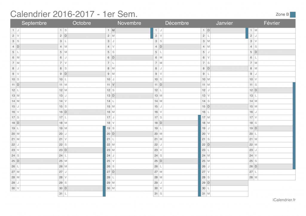 Calendrier des vacances scolaires 2016-2017 par semestre de la zone B