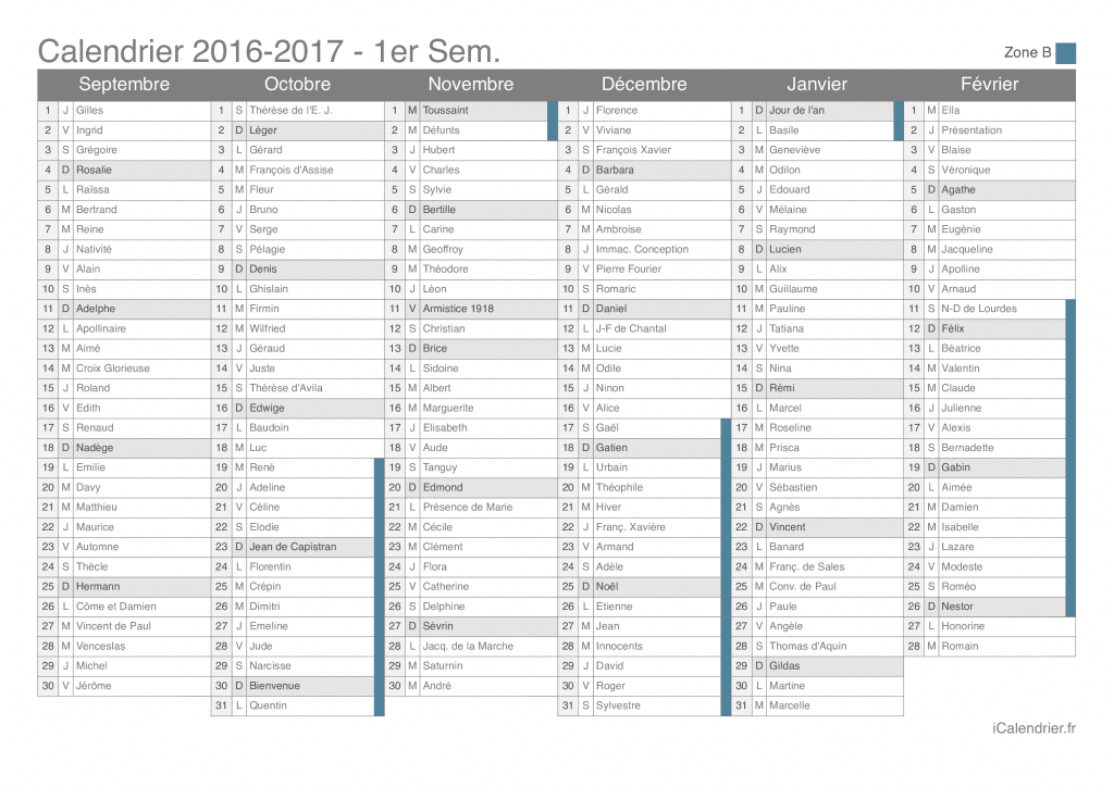 Calendrier des vacances scolaires 2016-2017 par semestre, zone B, avec fête du jour