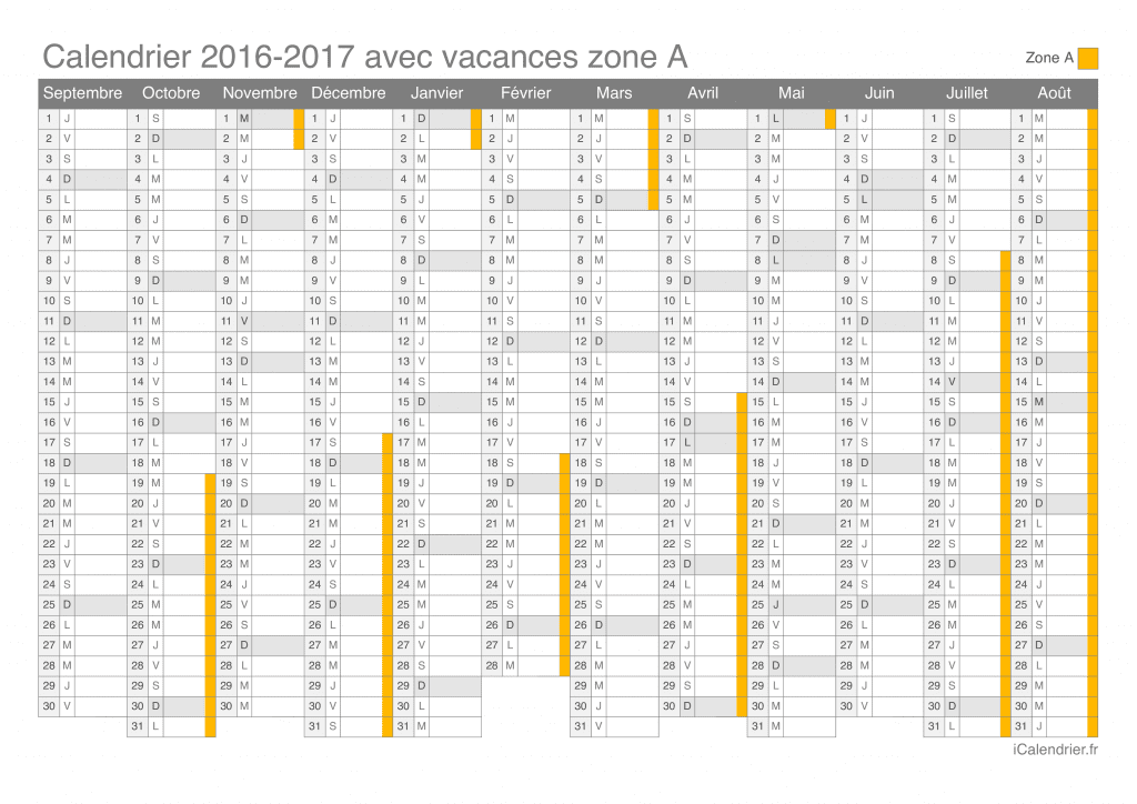 Calendrier des vacances scolaires 2016-2017 de la zone A