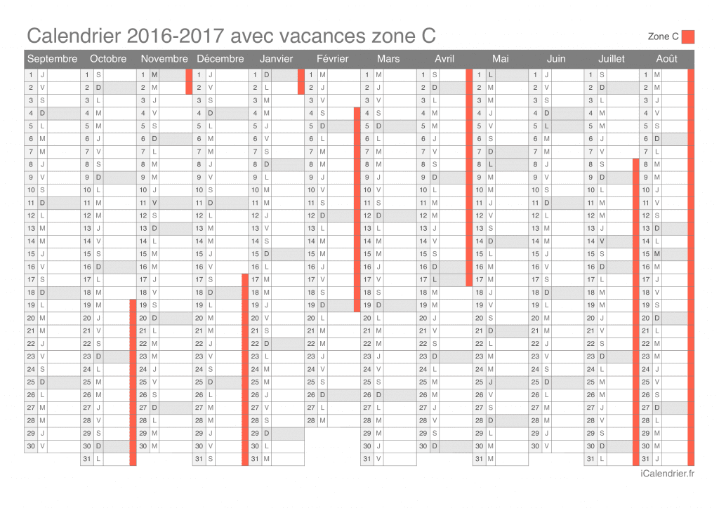 Calendrier des vacances scolaires 2016-2017 de la zone C