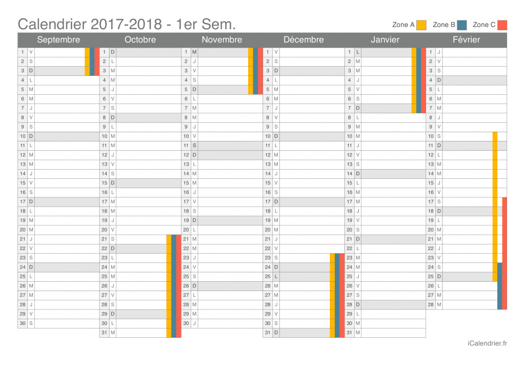 Calendrier des vacances scolaires 2017-2018 par semestre
