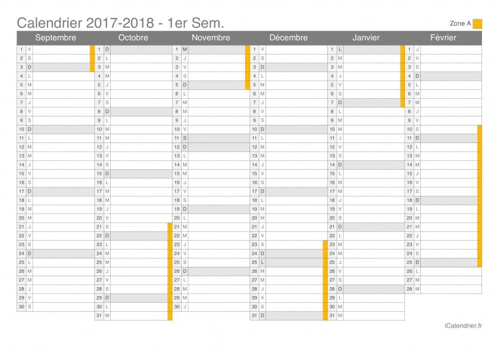 Calendrier des vacances scolaires 2017-2018 par semestre de la zone A