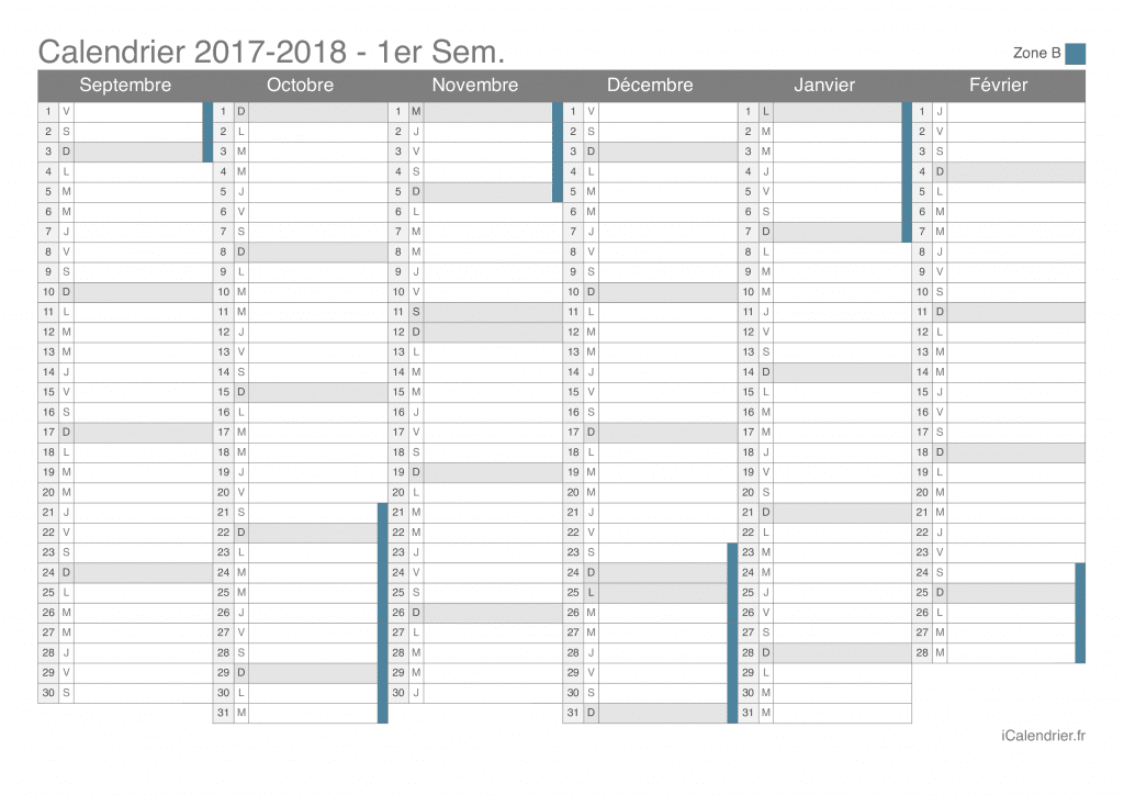 Calendrier des vacances scolaires 2017-2018 par semestre de la zone B