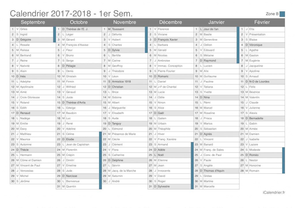 Calendrier des vacances scolaires 2017-2018 par semestre, zone B, avec fête du jour