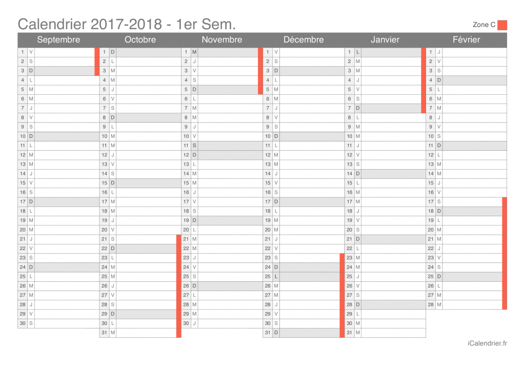 Calendrier des vacances scolaires 2017-2018 par semestre de la zone C