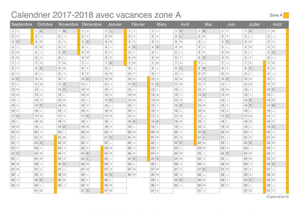 Calendrier des vacances scolaires 2017-2018 de la zone A